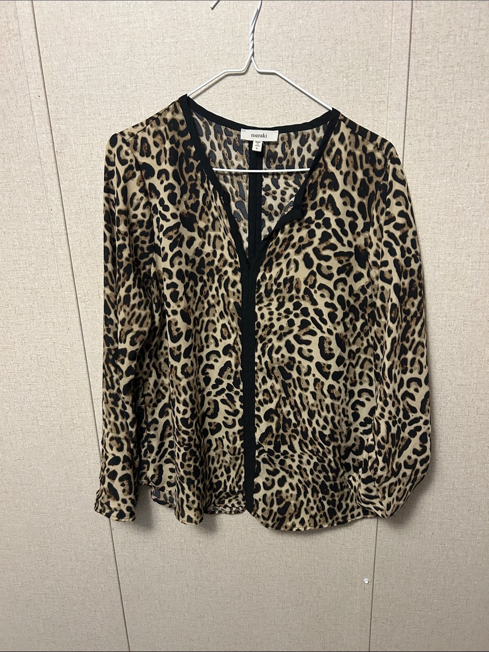 meraki Leopard Print V-Neck Blouse with Black Trim